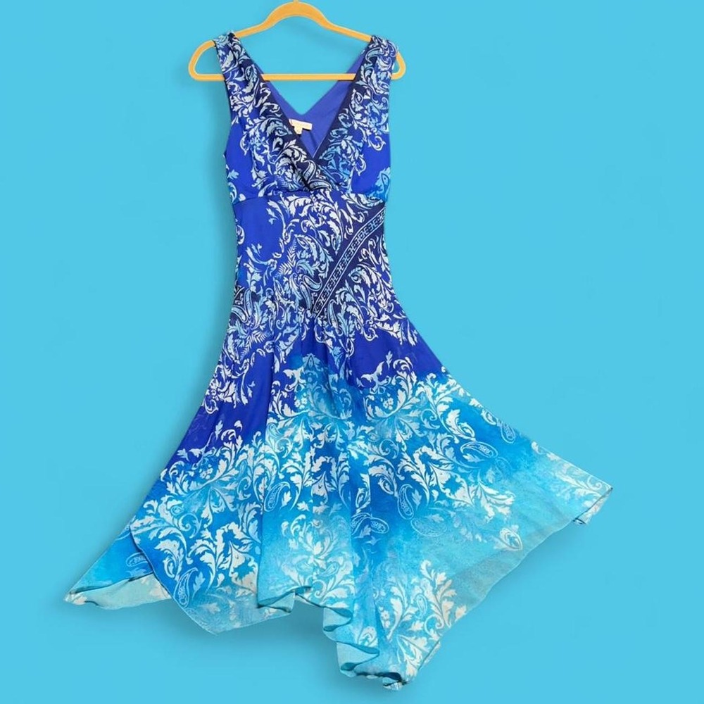 B. Darlin Tropical Midi Dress 10 Blue Asymmetrical V Neck Mermaid Chiffon R1D067